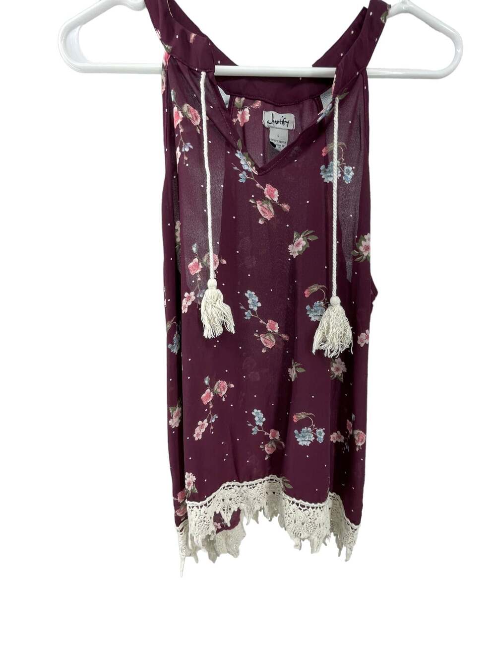 Justify Burgundy Floral Tassel Tie Sleeveless Blouse Women's Size Large
